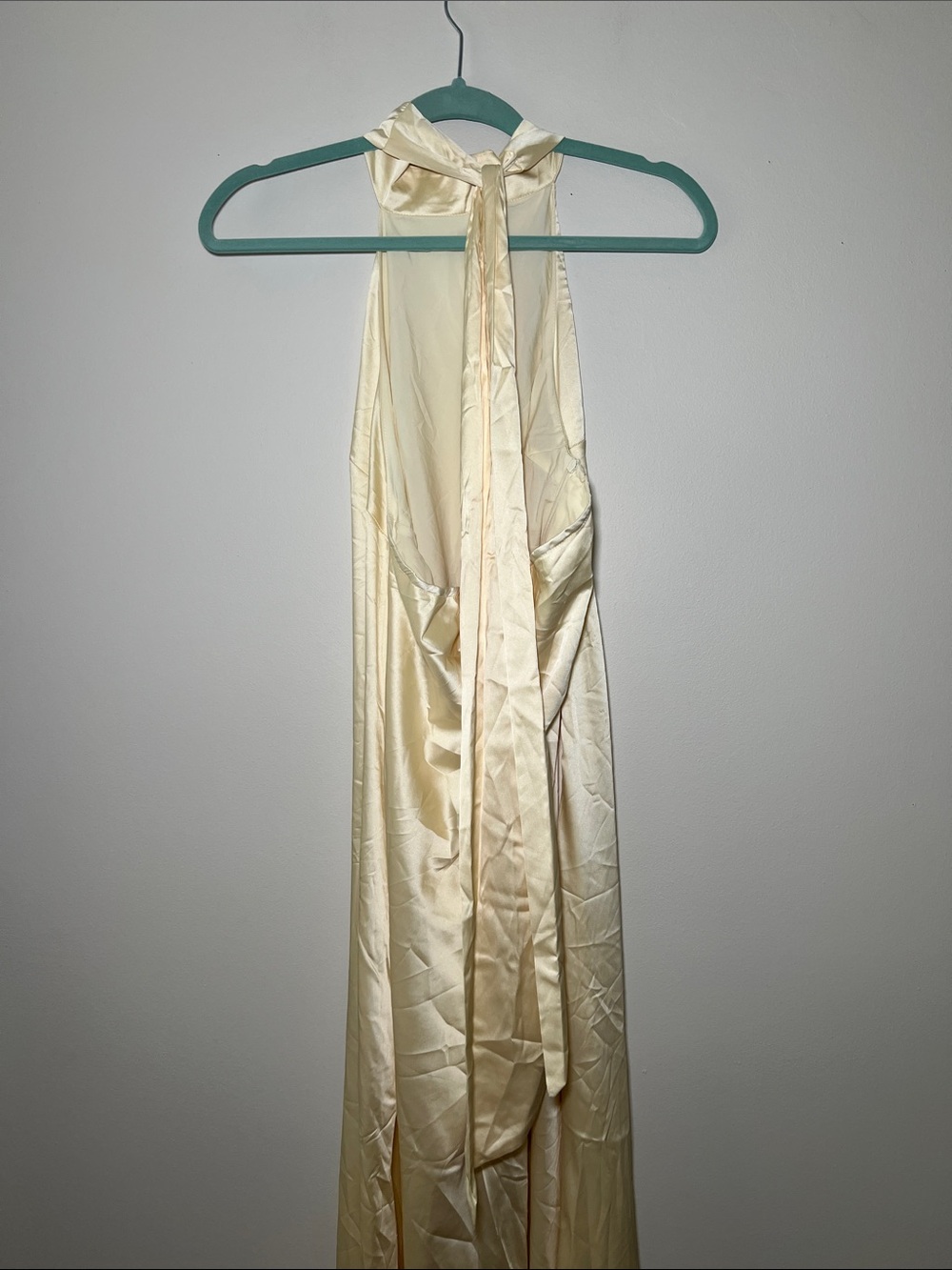 High-Neck Satin Maxi Dress in Pale Butter Yellow - Picture 3 of 6